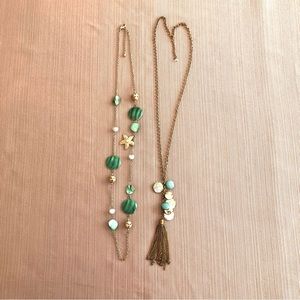 2 ~ Long Gold Tone and Aqua Summer Necklaces Tassel Starfish Sealife